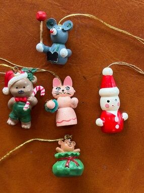 5 Miniature Christmas Ornaments Hand painted Critters Whimsy Nostalgic Vintage